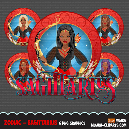 Zodiac Sagittarius Clipart, Png digital download, Sublimation Graphics for Cricut & Cameo, Black straight hair Woman Horoscope sign designs