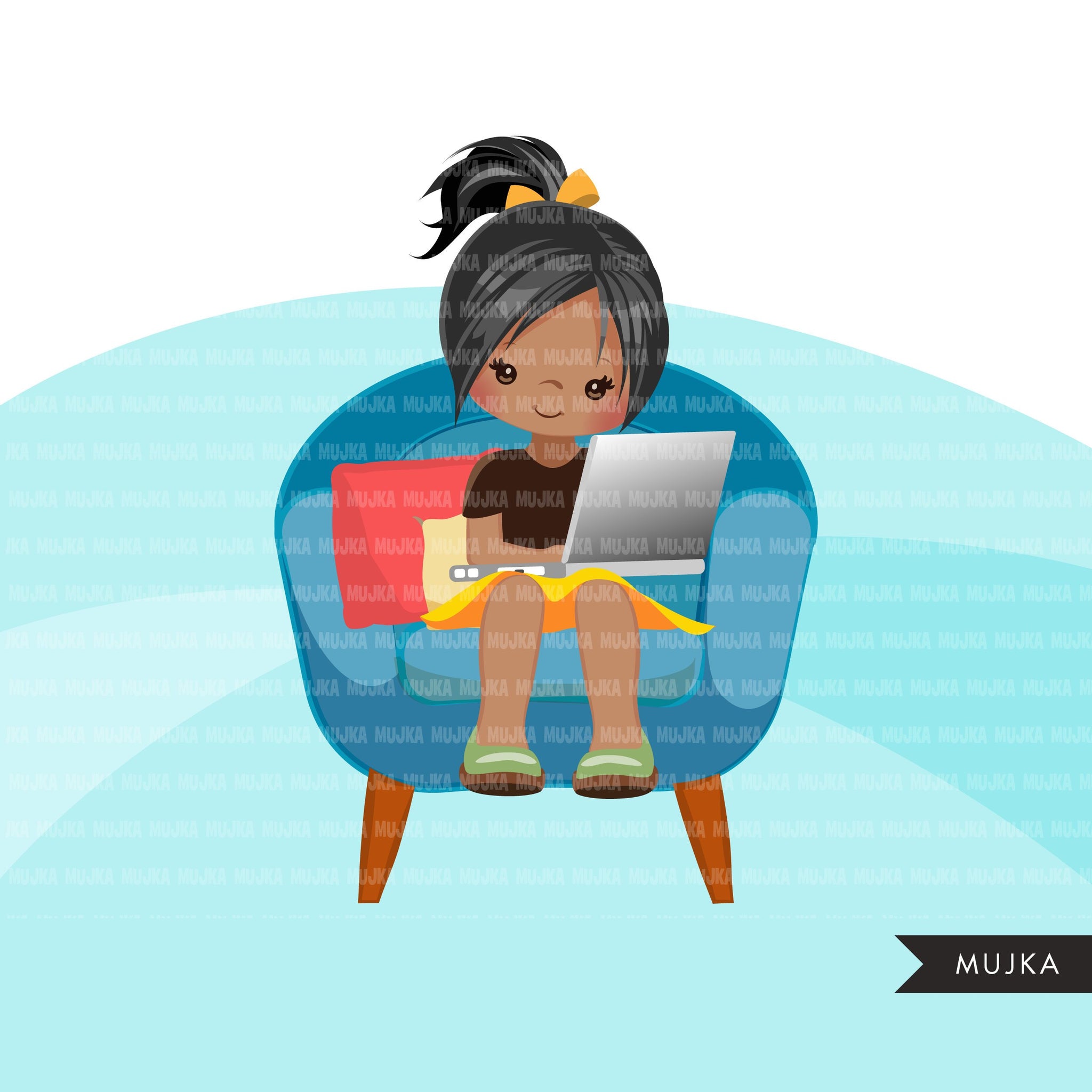 Homeschooling Girls Clipart, girl sitting with laptop, education, sofa reading, home study graphics, commercial use PNG clip art