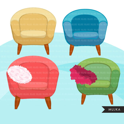 Sofa and armchairs clipart, cute furniture, lounge chair, lazy boy, cushions, pillows, and couches graphics commercial use PNG clip art