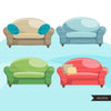 Sofa and armchairs clipart, cute furniture, lounge chair, lazy boy, cushions, pillows, and couches graphics commercial use PNG clip art