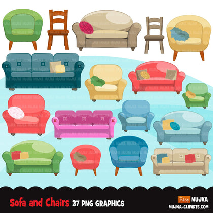 Sofa and armchairs clipart, cute furniture, lounge chair, lazy boy, cushions, pillows, and couches graphics commercial use PNG clip art