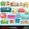 Sofa and armchairs clipart, cute furniture, lounge chair, lazy boy, cushions, pillows, and couches graphics commercial use PNG clip art