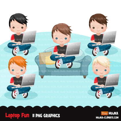 Homeschooling Boys Clipart, boy sitting with laptop, education, sofa reading, home study graphics, commercial use PNG clip art