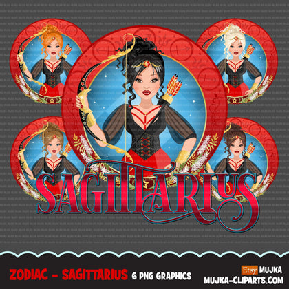 Zodiac Sagittarius Clipart, Png digital download, Sublimation Graphics for Cricut & Cameo, Caucasian messy bun Woman Horoscope sign designs