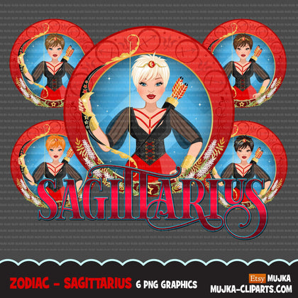 Zodiac Sagittarius Clipart, Png digital download, Sublimation Graphics for Cricut & Cameo, Caucasian pixie hair Woman Horoscope sign designs