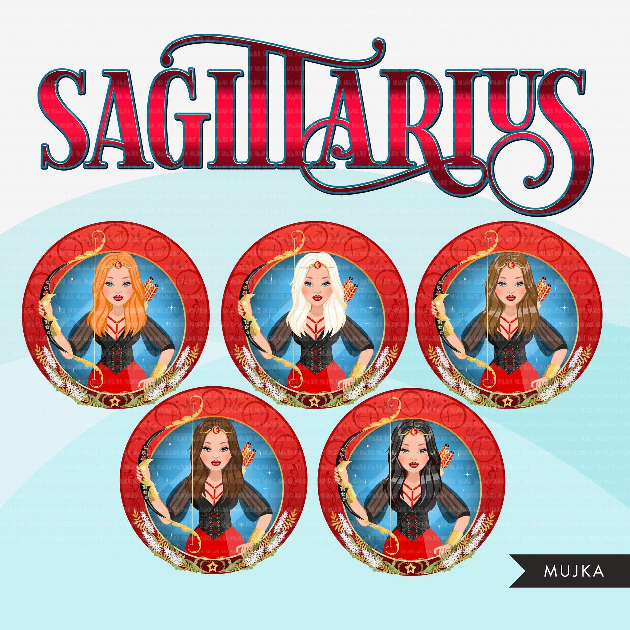 Zodiac Sagittarius Clipart, Png digital download, Sublimation Graphics for Cricut & Cameo, Caucasian long hair Woman Horoscope sign designs
