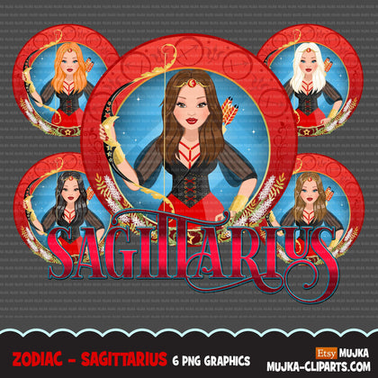 Zodiac Sagittarius Clipart, Png digital download, Sublimation Graphics for Cricut & Cameo, Caucasian long hair Woman Horoscope sign designs