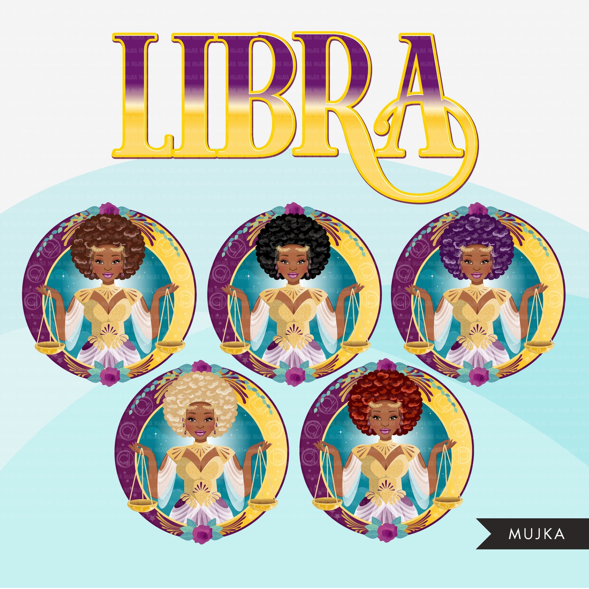 Zodiac Libra Clipart, Png digital download, Sublimation Graphics for Cricut & Cameo, Black Afro Woman Horoscope sign designs