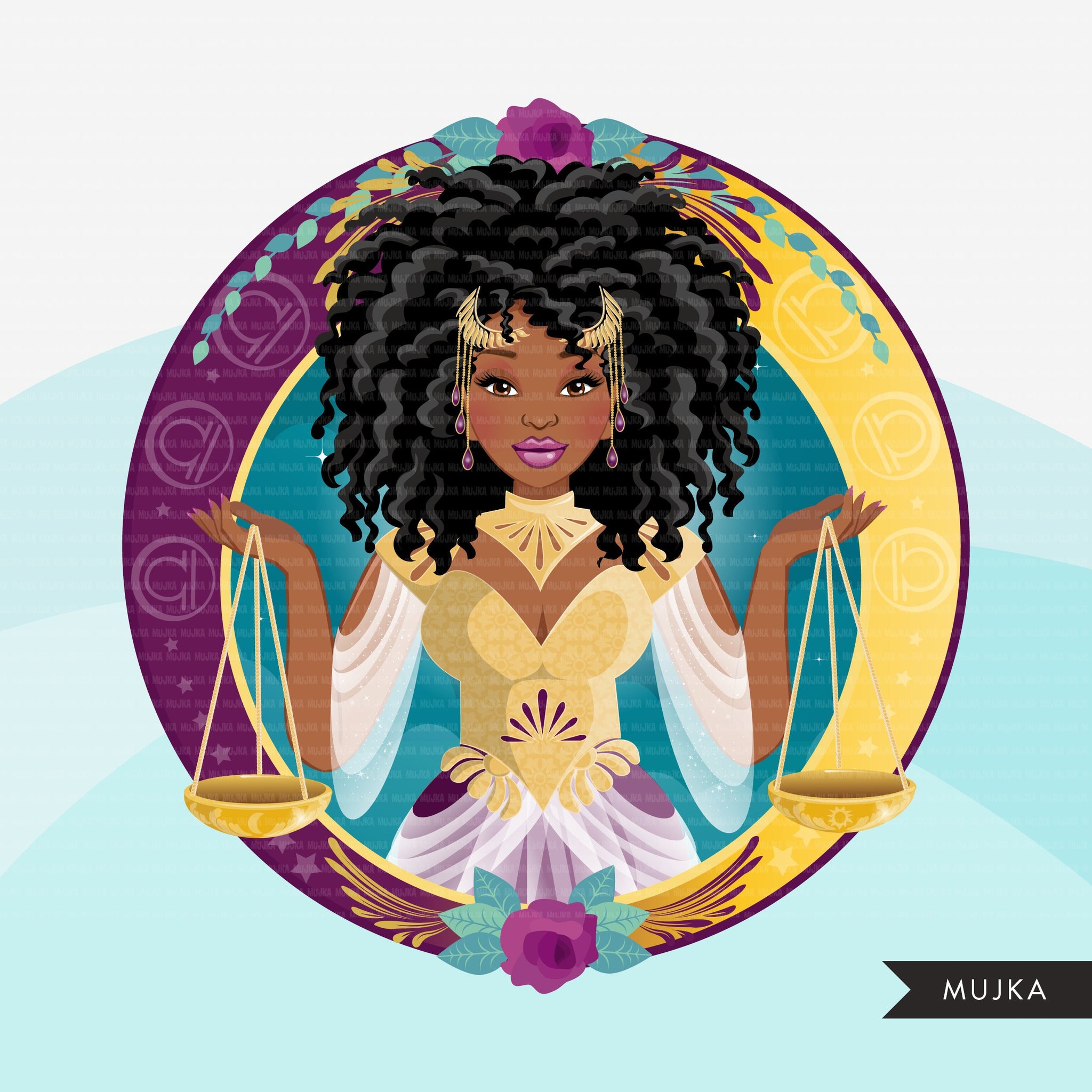 Zodiac Libra Clipart, Png digital download, Sublimation Graphics for Cricut & Cameo, Black Curly hair Woman Horoscope sign designs