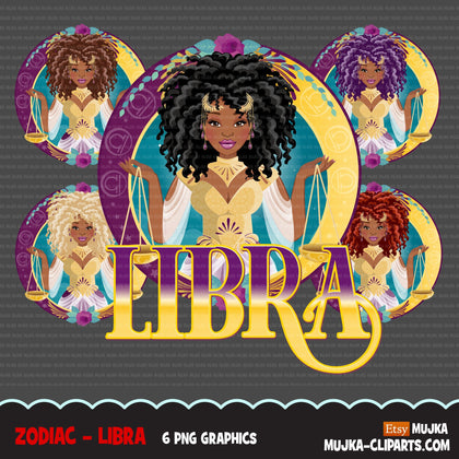 Zodiac Libra Clipart, download digital Png, gráficos de sublimação para Cricut e Cameo, cabelos pretos cacheados e designs de signos de horóscopo feminino