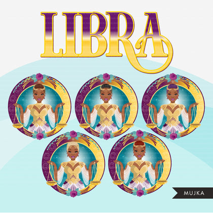 Zodíaco Libra Clipart, download digital Png, gráficos de sublimação para Cricut e Cameo, designs de signos do horóscopo da mulher negra