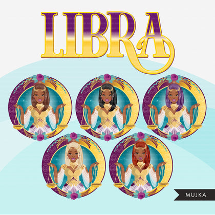 Zodiac Libra Clipart, Png digital download, Sublimation Graphics for Cricut & Cameo, Black Woman long hair Horoscope sign designs
