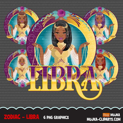 Zodiac Libra Clipart, Png digital download, Sublimation Graphics for Cricut & Cameo, Black Woman long hair Horoscope sign designs