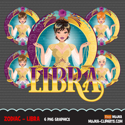 Zodiac Libra Clipart, Png digital download, Sublimation Graphics for Cricut & Cameo, Caucasian Woman pixie hair Horoscope sign designs