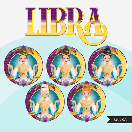 Zodiac Libra Clipart, Png digital download, Sublimation Graphics for Cricut & Cameo, Caucasian Woman updo hair Horoscope sign designs