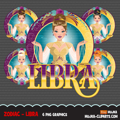 Zodiac Libra Clipart, Png digital download, Sublimation Graphics for Cricut & Cameo, Caucasian Woman updo hair Horoscope sign designs