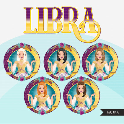 Zodiac Libra Clipart, Png digital download, Sublimation Graphics for Cricut & Cameo, Caucasian Woman straight hair Horoscope sign designs