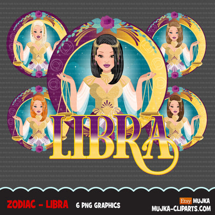 Zodiac Libra Clipart, Png digital download, Sublimation Graphics for Cricut & Cameo, Caucasian Woman straight hair Horoscope sign designs