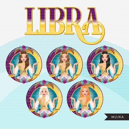 Zodiac Libra Clipart, Png digital download, Sublimation Graphics for Cricut & Cameo, Caucasian Woman long hair Horoscope sign designs