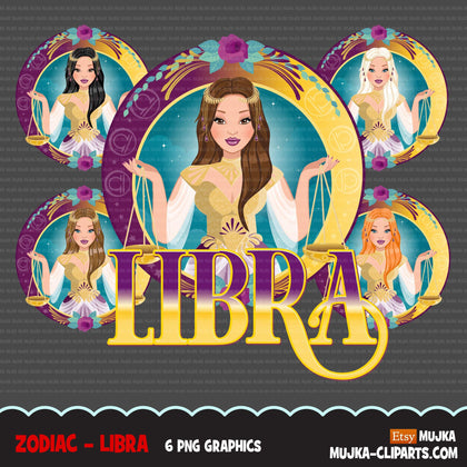 Zodiac Libra Clipart, Png digital download, Sublimation Graphics for Cricut & Cameo, Caucasian Woman long hair Horoscope sign designs