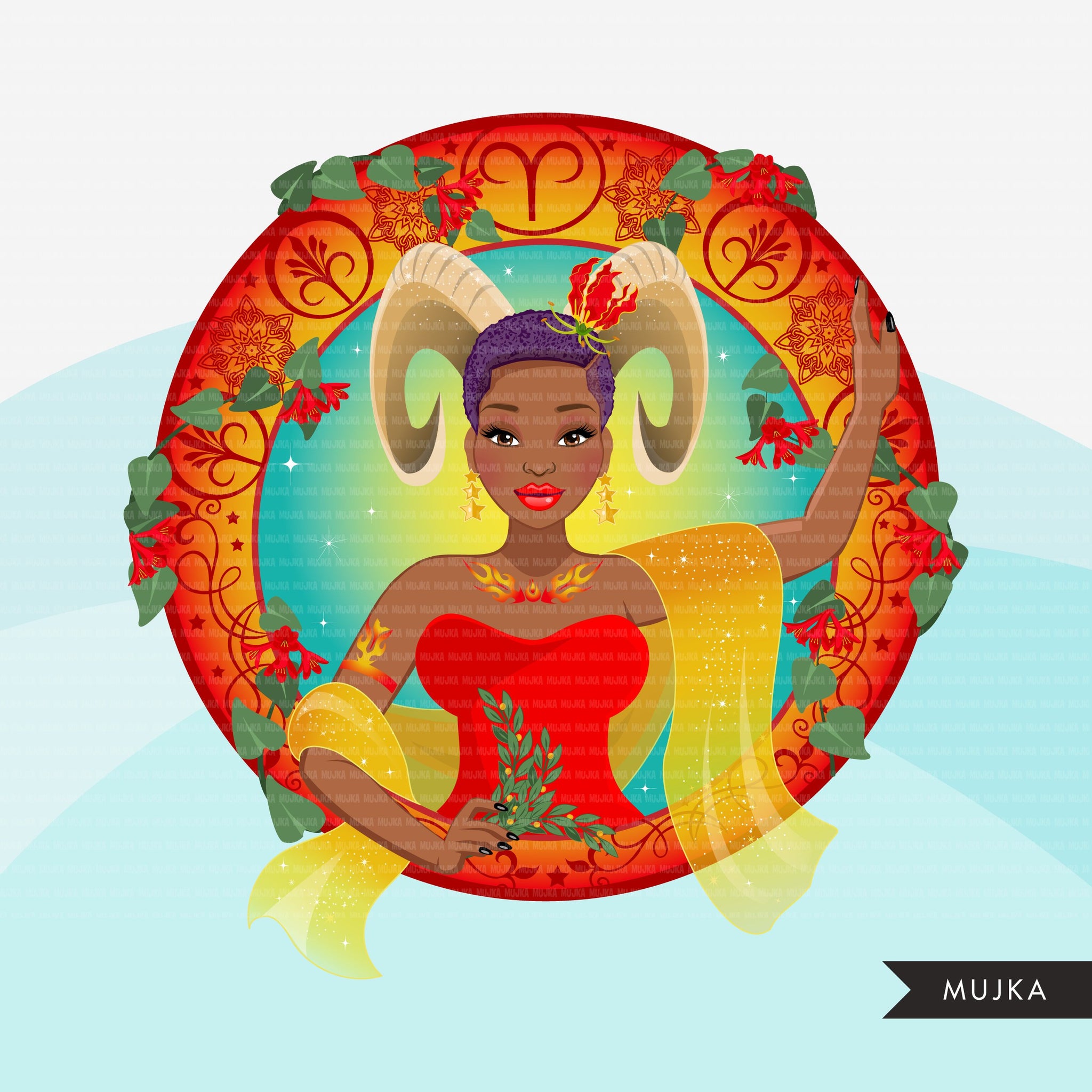 Zodiac Aries Clipart, Png digital download, Sublimation Graphics for Cricut & Cameo, Black Woman Horoscope sign designs