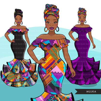 Ankara Fashion Graphics, Kente African dress, black woman Sublimation designs for Cricut & Cameo, commercial use PNG clipart