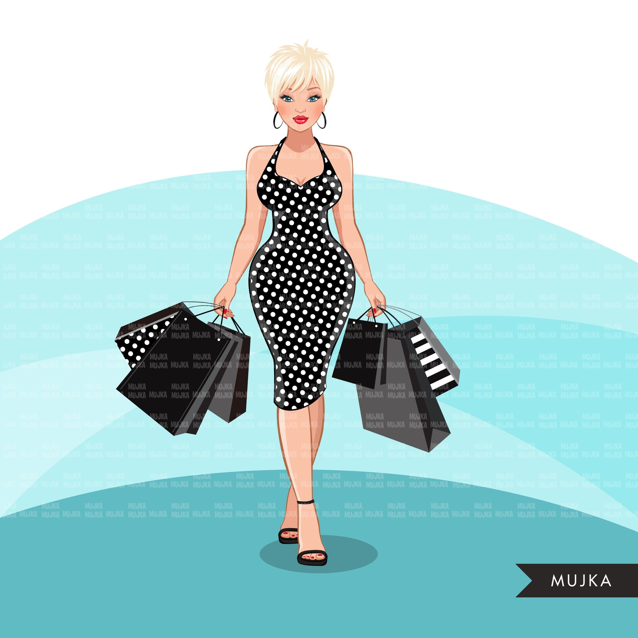 Fashion Graphics, Caucasian Woman shopping dress pixie hair, Sublimation designs for Cricut & Cameo, commercial use PNG clipart