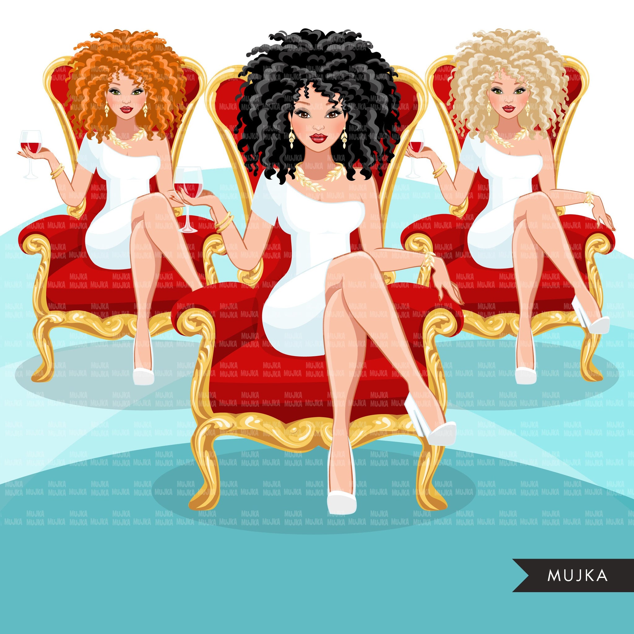Fashion Graphics, Caucasian Woman curly hair red throne, Sublimation designs for Cricut & Cameo, commercial use PNG clipart