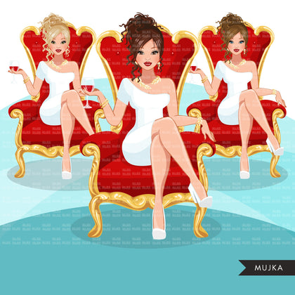 Fashion Graphics, Caucasian Woman messy bun hair red throne, Sublimation designs for Cricut & Cameo, commercial use PNG clipart