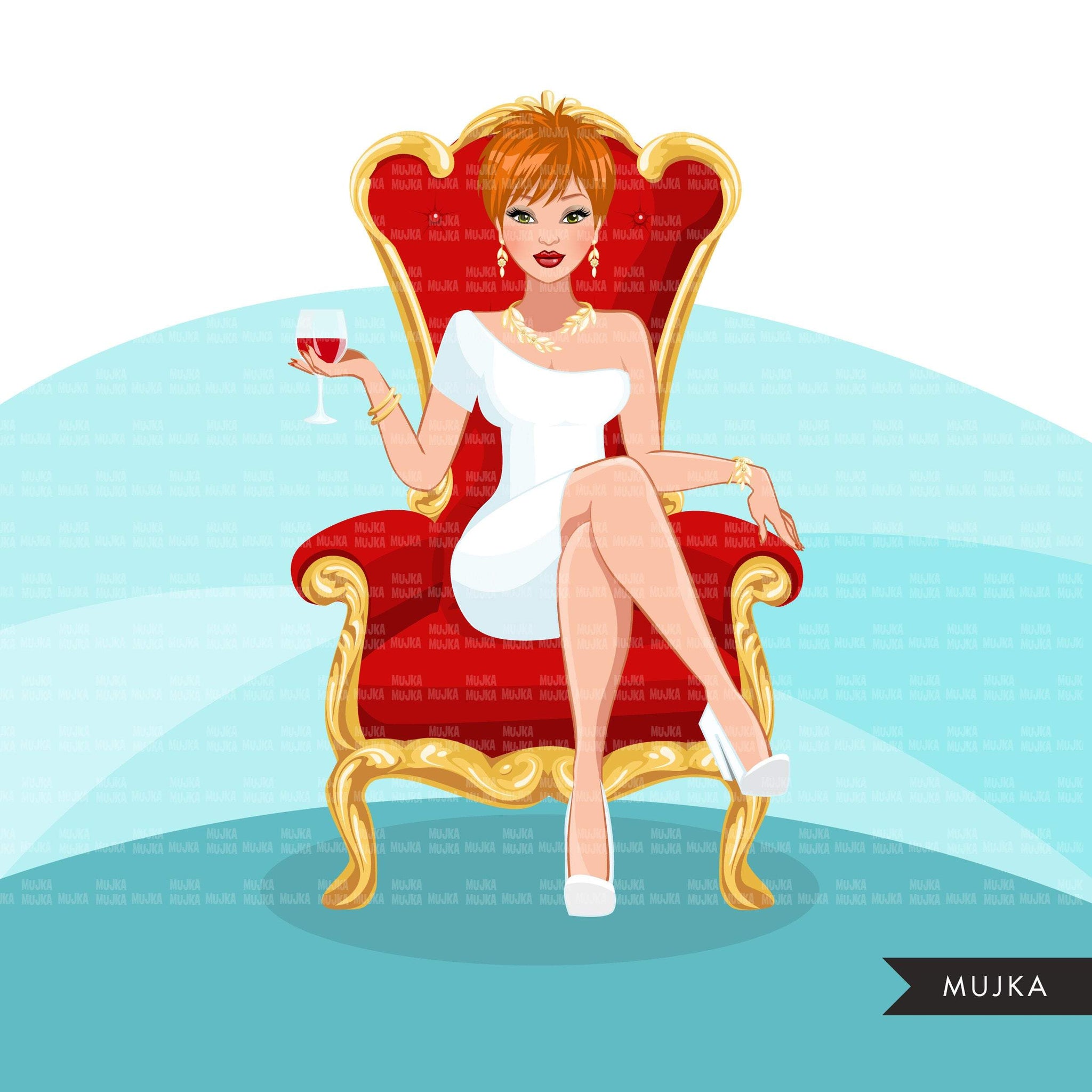 Fashion Graphics, Caucasian Woman pixie hair red throne, Sublimation designs for Cricut & Cameo, commercial use PNG clipart