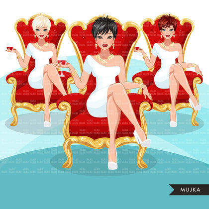 Fashion Graphics, Caucasian Woman pixie hair red throne, Sublimation designs for Cricut & Cameo, commercial use PNG clipart