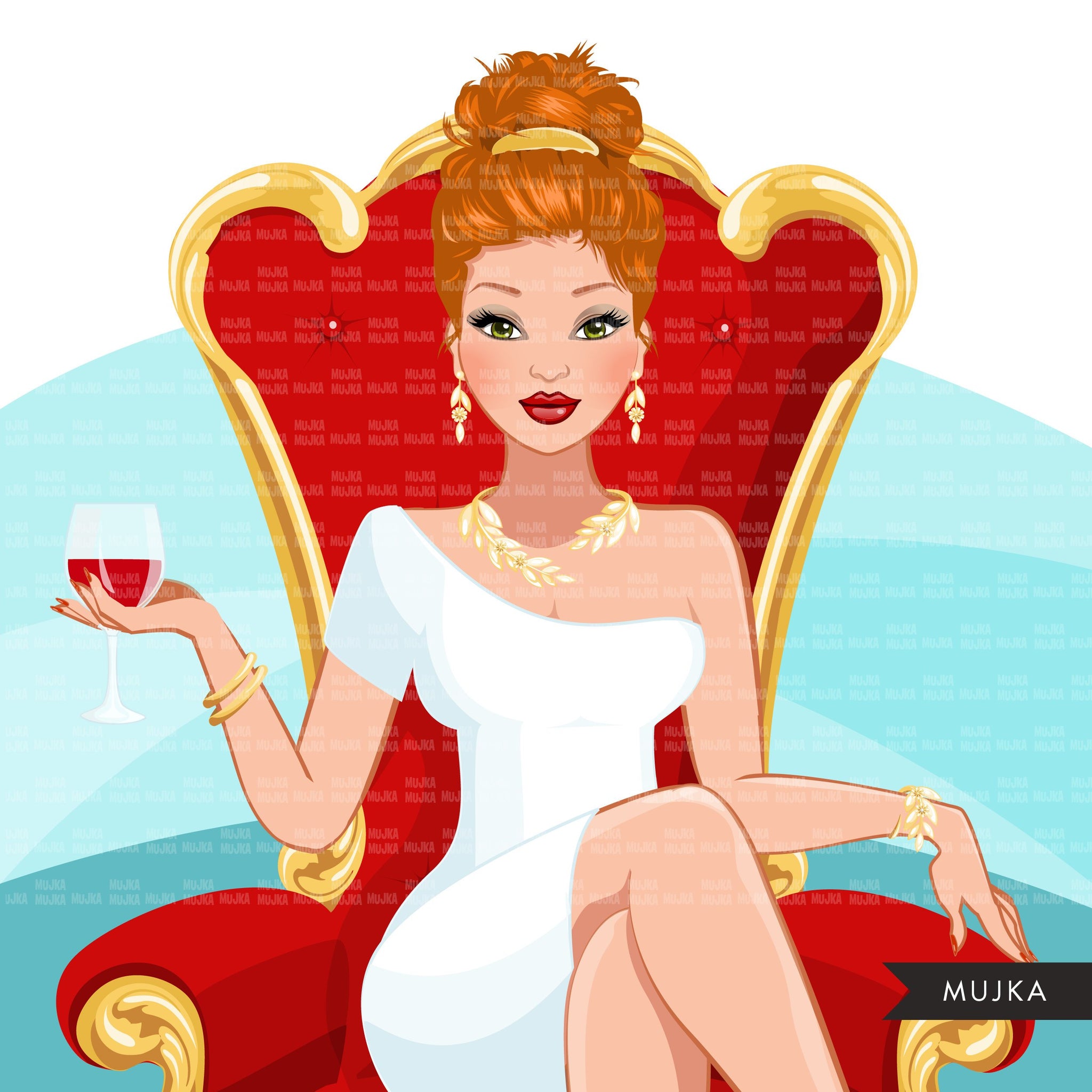 Fashion Graphics, Caucasian Woman updo hair red throne, Sublimation designs for Cricut & Cameo, commercial use PNG clipart