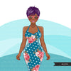 Fashion Graphics, Black Woman vintage rose dress pixie hair, Sublimation designs for Cricut & Cameo, commercial use PNG clipart