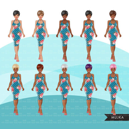 Fashion Graphics, Black Woman vintage rose dress pixie hair, Sublimation designs for Cricut & Cameo, commercial use PNG clipart