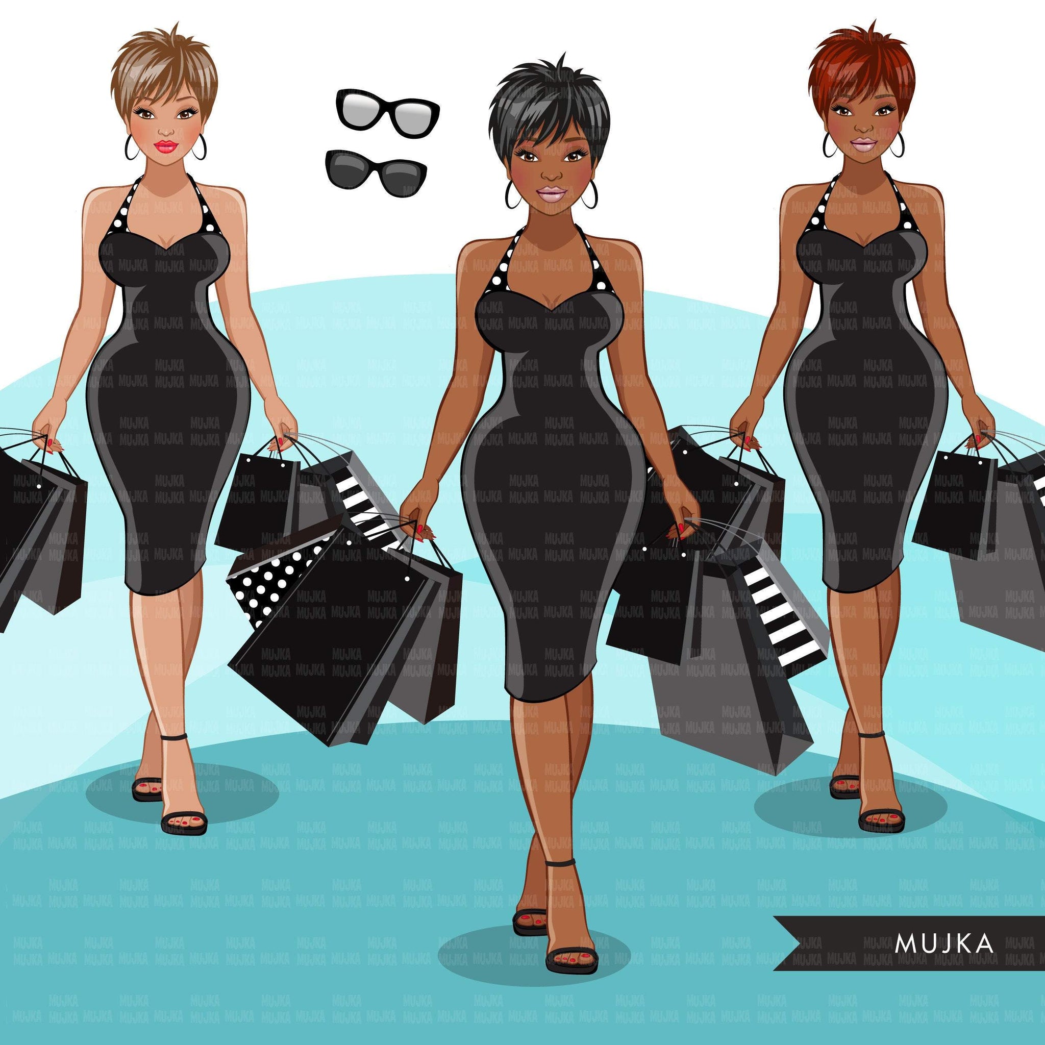 Fashion Graphics, Black Woman shopping pixie hair, Sublimation designs for Cricut & Cameo, commercial use PNG clipart