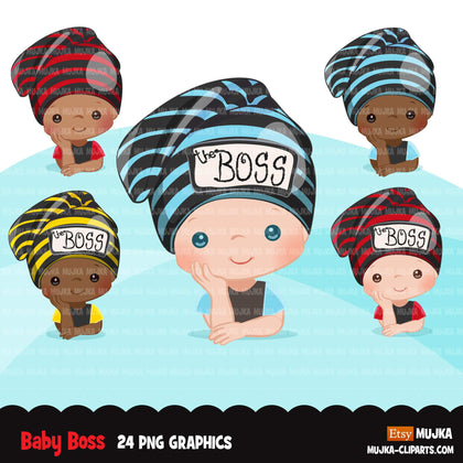 Baby Boss Clipart, boys with cute boss hat, black baby boy bonnet graphics, commercial use PNG clip art