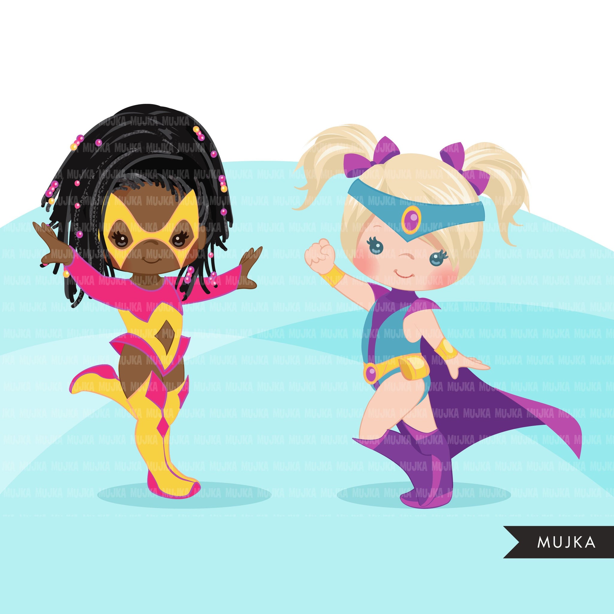 Superhero clipart, supergirl hero sublimation graphics, black girls birthday party, afro girl PNG clip art