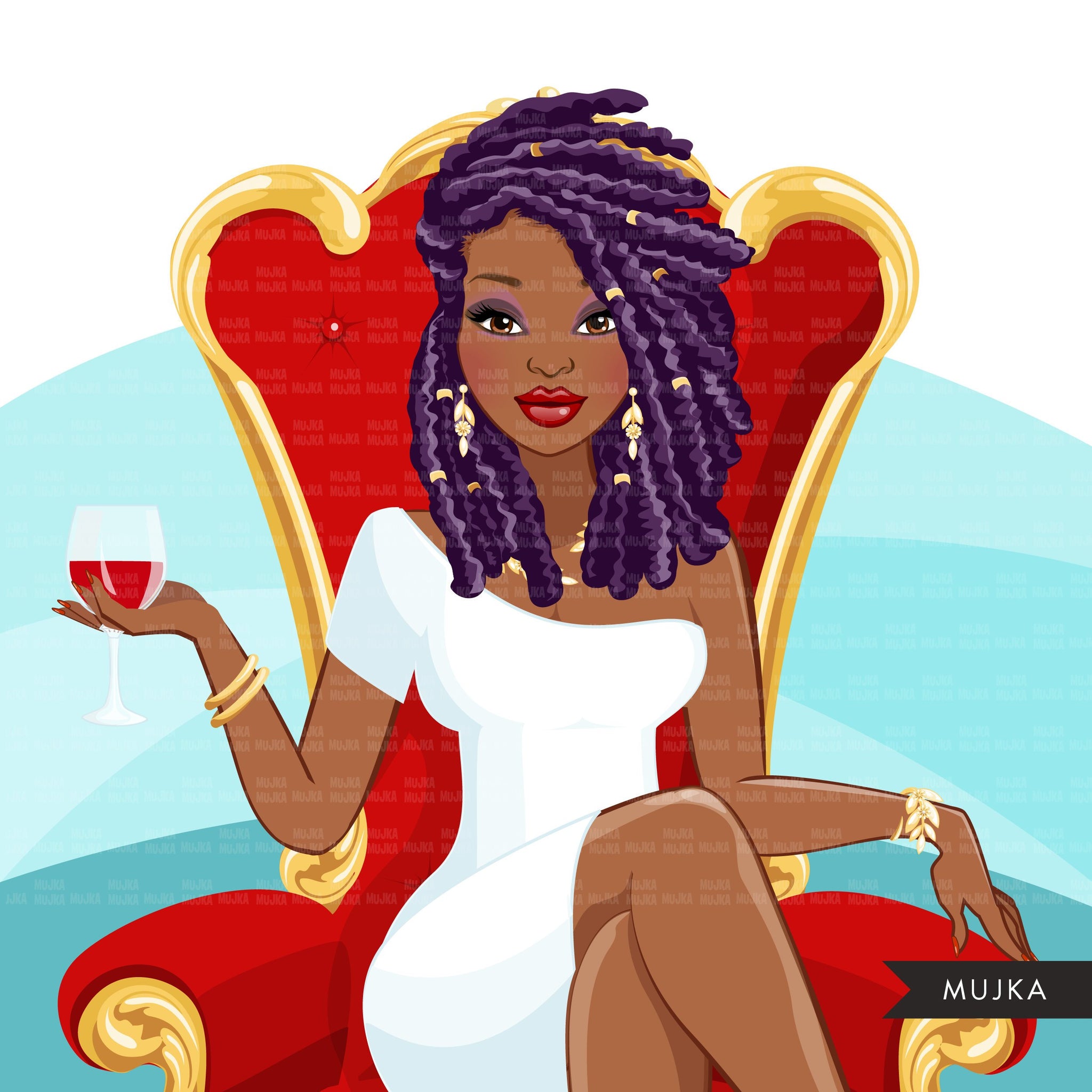 Fashion Graphics, Black Woman dreads braids hair red throne, Sublimation designs for Cricut & Cameo, commercial use PNG clipart