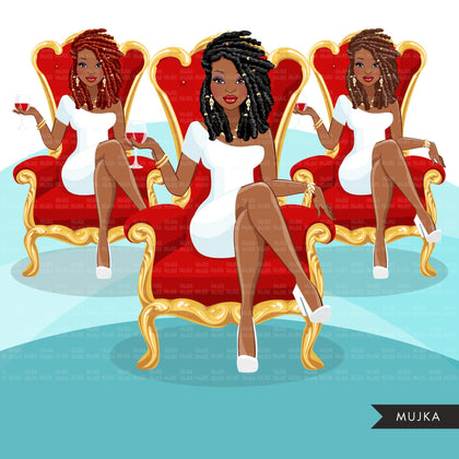 Fashion Graphics, Black Woman dreads braids hair red throne, Sublimation designs for Cricut & Cameo, commercial use PNG clipart
