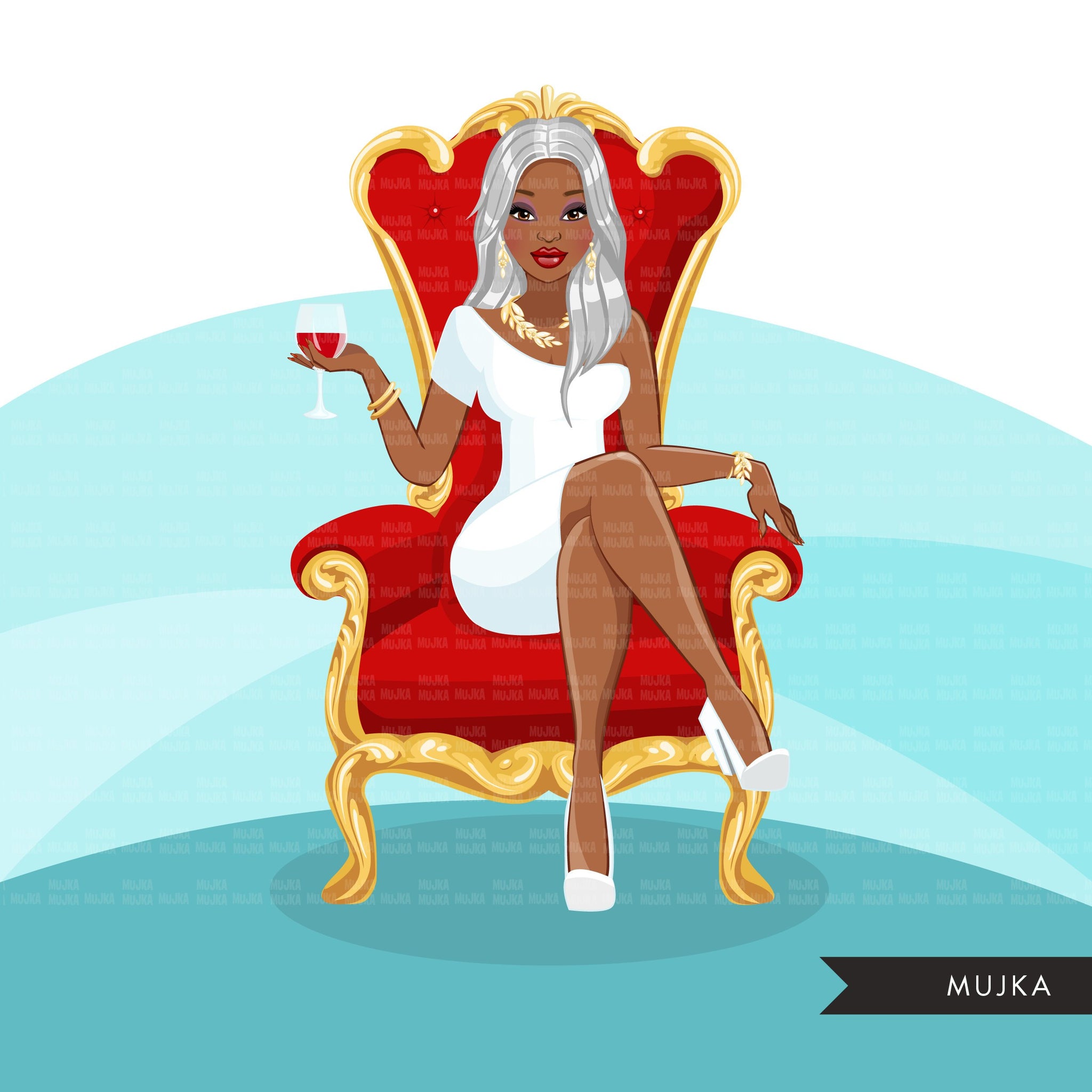 Fashion Graphics, Black Woman long hair red throne, Sublimation designs for Cricut & Cameo, commercial use PNG clipart