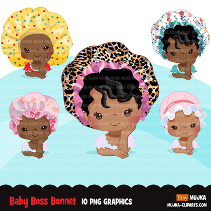 Baby Boss Clipart, black girls with cute bonnet hat, baby girl, baby shower bonnet graphics, commercial use PNG clip art