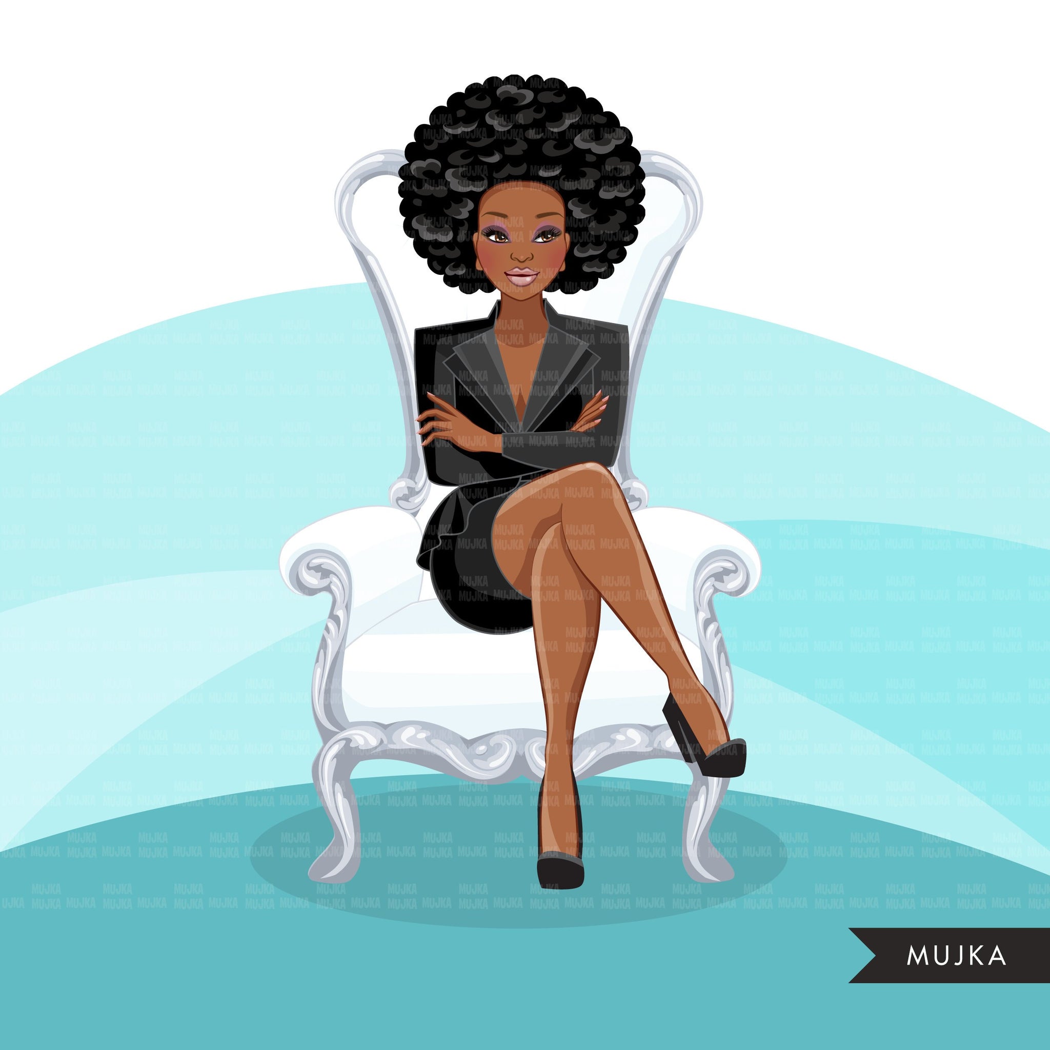 Fashion Graphics, Black BusinessWoman  white throne Afro hair, Sublimation designs for Cricut & Cameo, commercial use PNG clipart