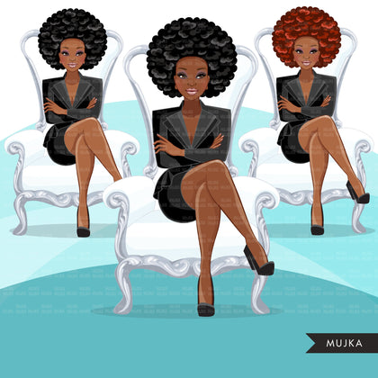 Fashion Graphics, Black BusinessWoman  white throne Afro hair, Sublimation designs for Cricut & Cameo, commercial use PNG clipart