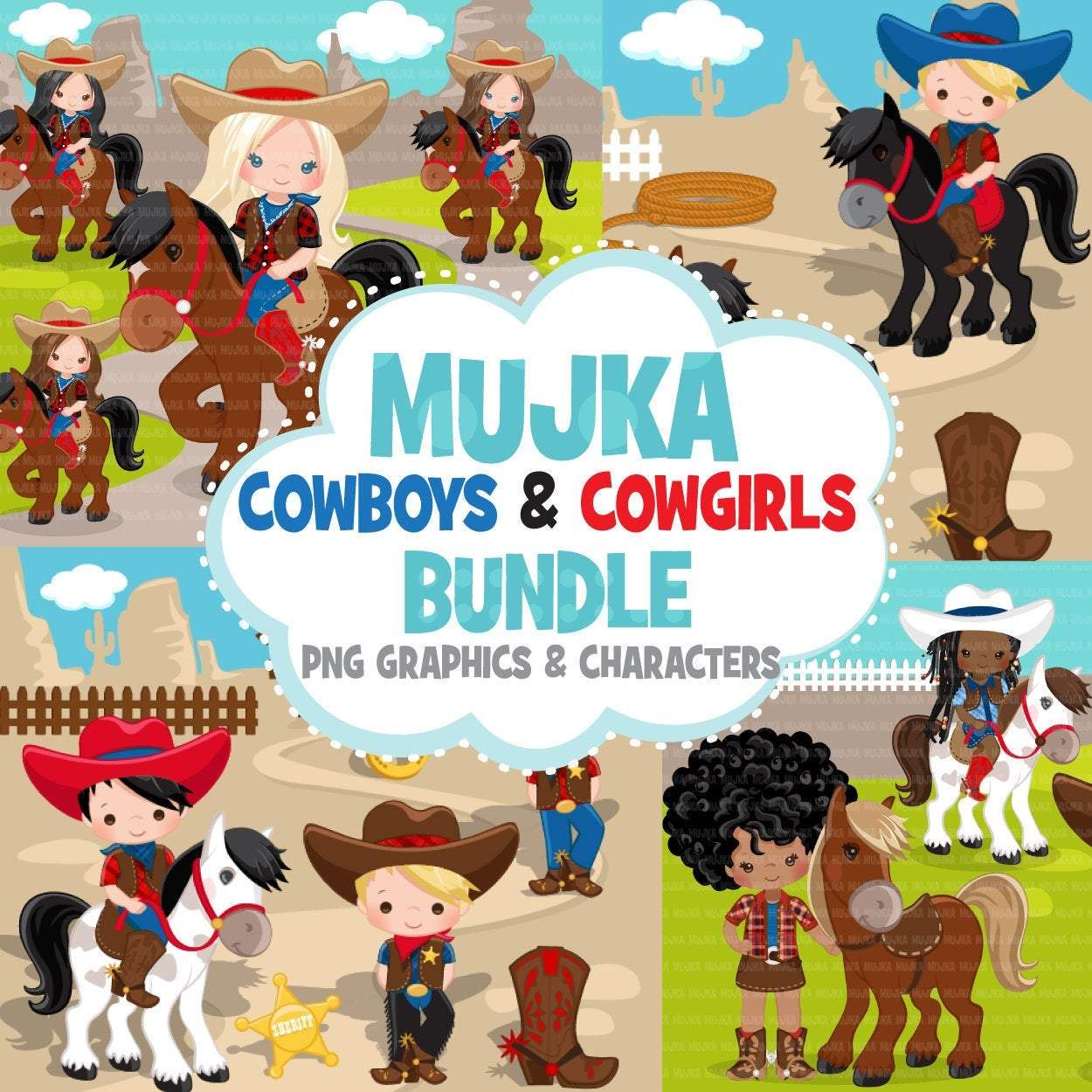 Cowboys and Cowgirls Clipart Bundle, wild west country western designs, sublimation graphics commercial use PNG clip art