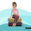 Fashion Graphics, travel gold glitter suitcase, Caucasian Woman messy bun, Sublimation design for Cricut & Cameo, commercial use PNG clipart