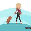 Fashion Graphics, travel vacation suitcase, Caucasian woman curly hair, Sublimation design for Cricut & Cameo, commercial use PNG clipart