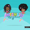 Mermaid clipart, rainbow mermaid graphics, black mermaid princess, mermaid squad birthday party, afro girl PNG clip art