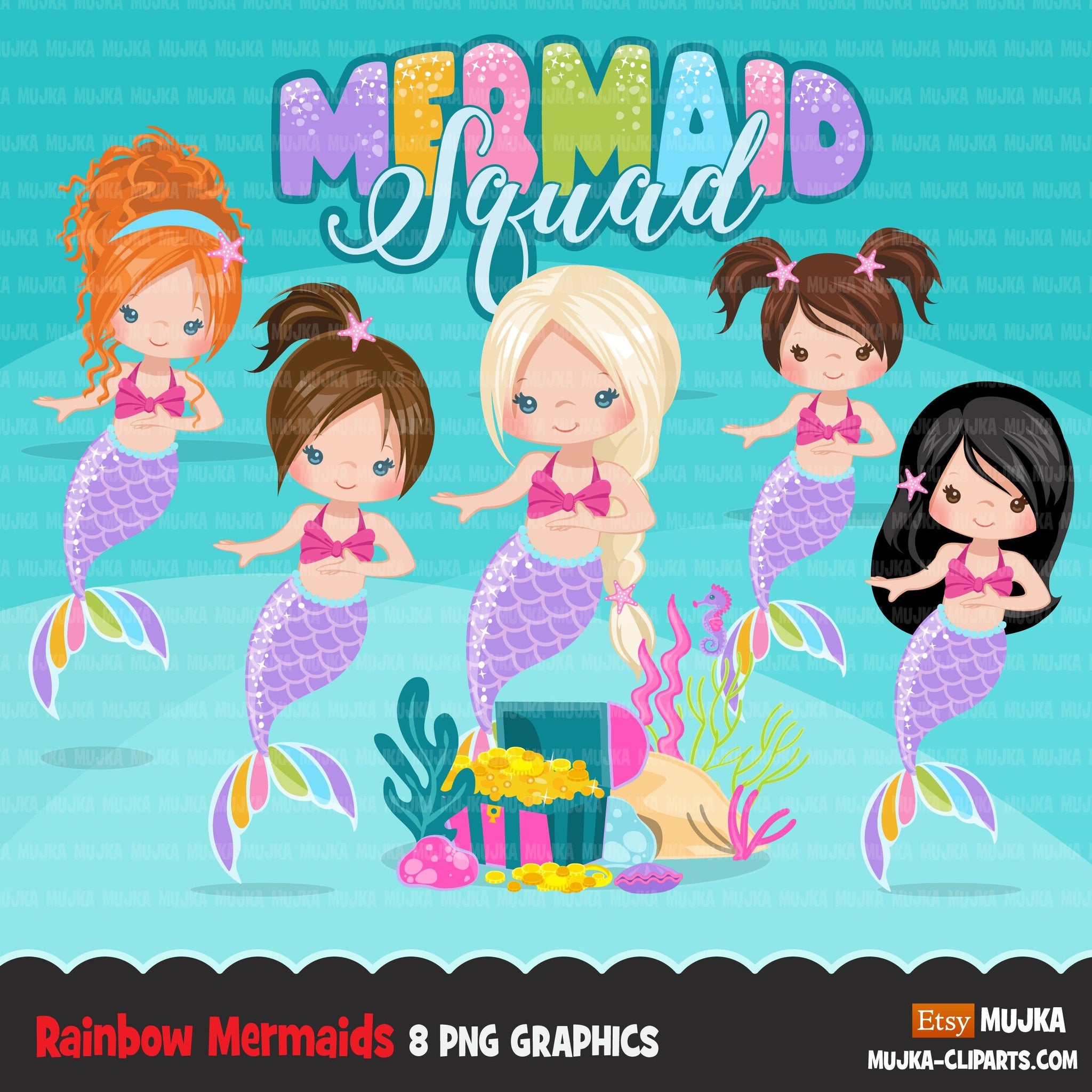 Mermaid clipart, rainbow mermaid graphics, mermaid princess, mermaid squad birthday party, girl PNG clip art