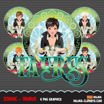 Zodiac Taurus Clipart, Png digital download, Sublimation Graphics for Cricut & Cameo, Caucasian pixie hair Woman Horoscope sign designs