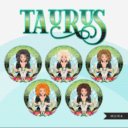 Zodiac Taurus Clipart, Png digital download, Sublimation Graphics for Cricut & Cameo, Caucasian Curly hair Woman Horoscope sign designs